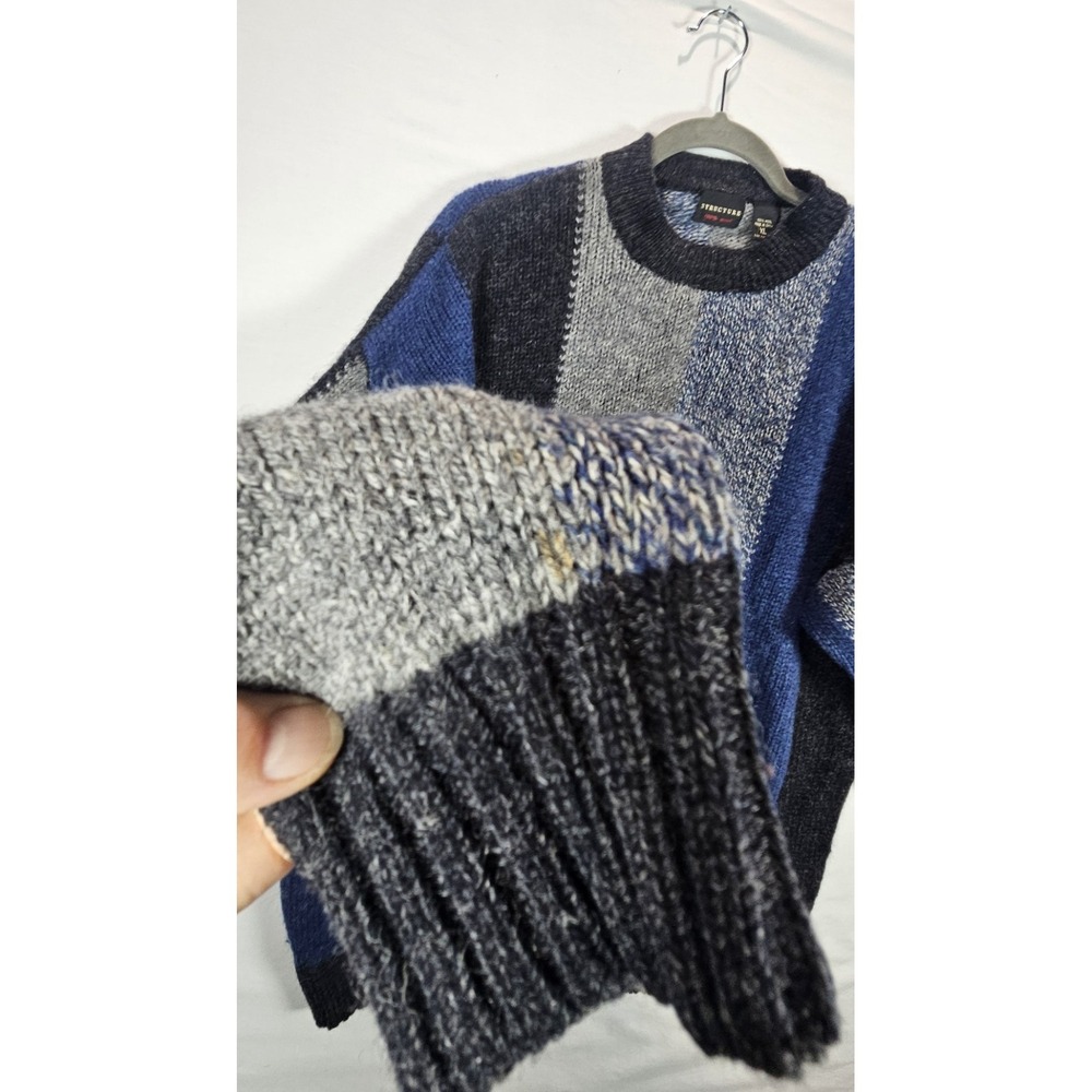 Vintage Structure‎ 100% Wool Sweater Mens XL Colorblock Blue Gray Knit 90s - Picture 3 of 6
